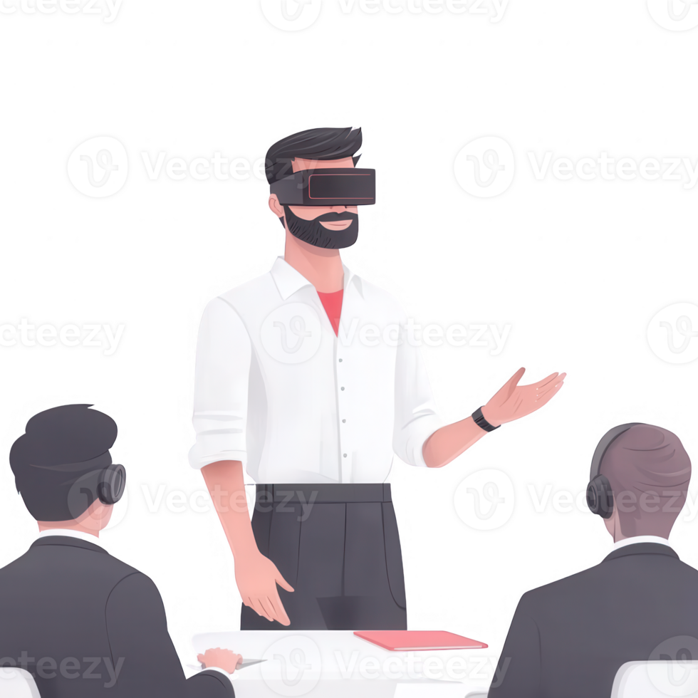 A man wearing a VR headset gives a presentation to an audience. Engaging and innovative technology is being showcased in a modern meeting environment. png