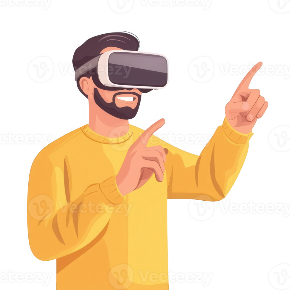 A man wearing a virtual reality headset interacts with an immersive digital environment, showcasing the future of gaming and technology in modern lifestyle. png