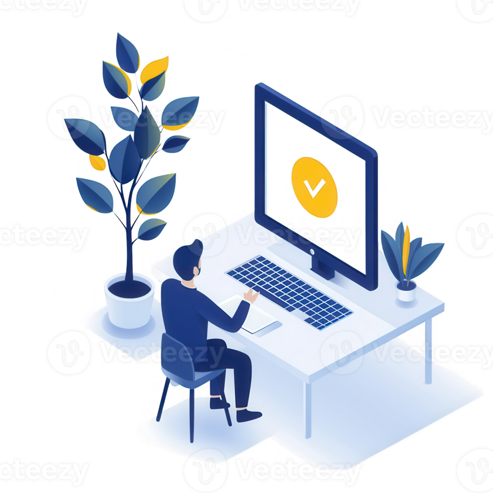 A man sits at a desk working on a computer, focusing on productivity while a clock is displayed on the screen. Indoor plants add a touch of nature to the workspace. png