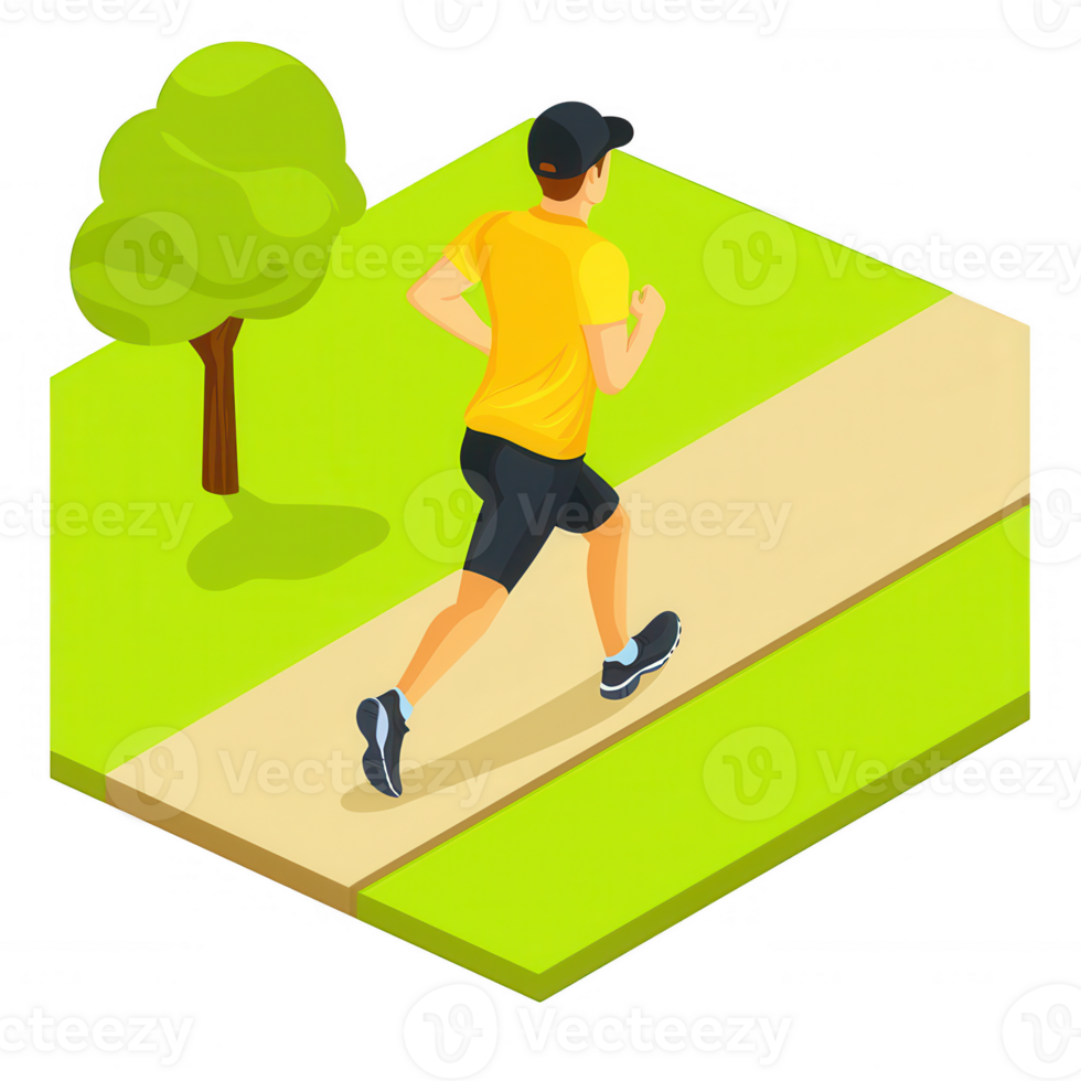 A man jogging on a paved path surrounded by vibrant green grass and a tree, representing an active and healthy lifestyle. png