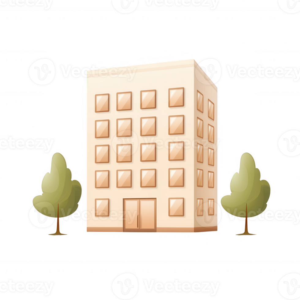 A modern building illustration surrounded by trees, showcasing a contemporary design ideal for urban environments. Perfect for architecture, real estate, or urban planning themes. png