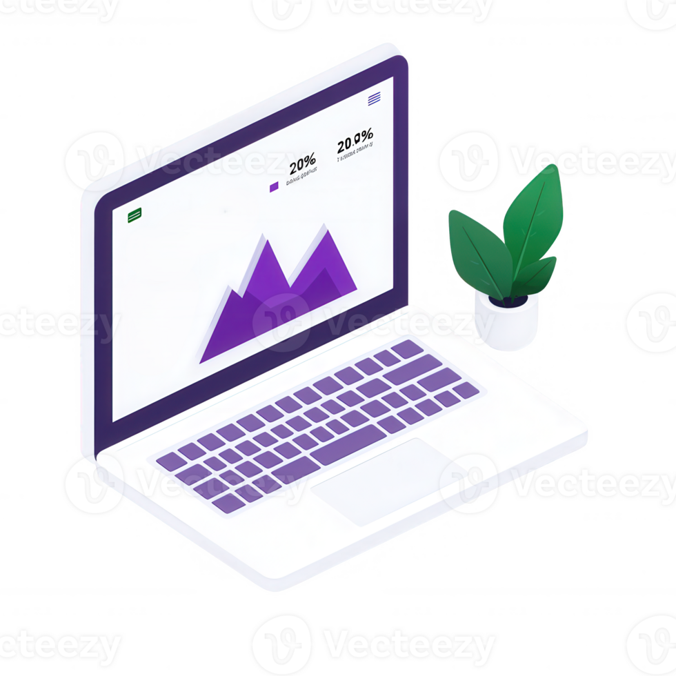 A modern laptop displaying data visualizations with a potted plant nearby, on a white background. Ideal for presentations on productivity or digital analysis. png