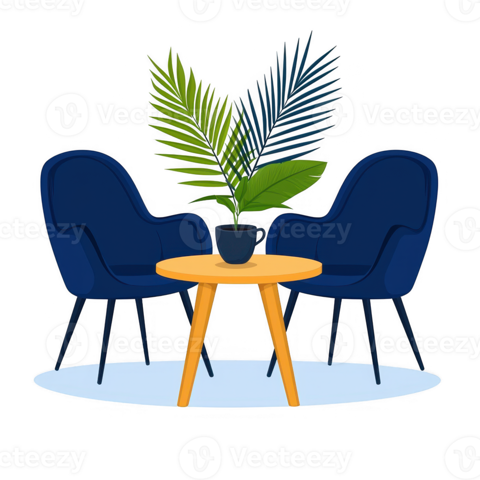 A modern, cozy seating area featuring two blue armchairs, a round wooden table, and decorative plants, perfect for relaxation or socializing in a stylish home setting. png