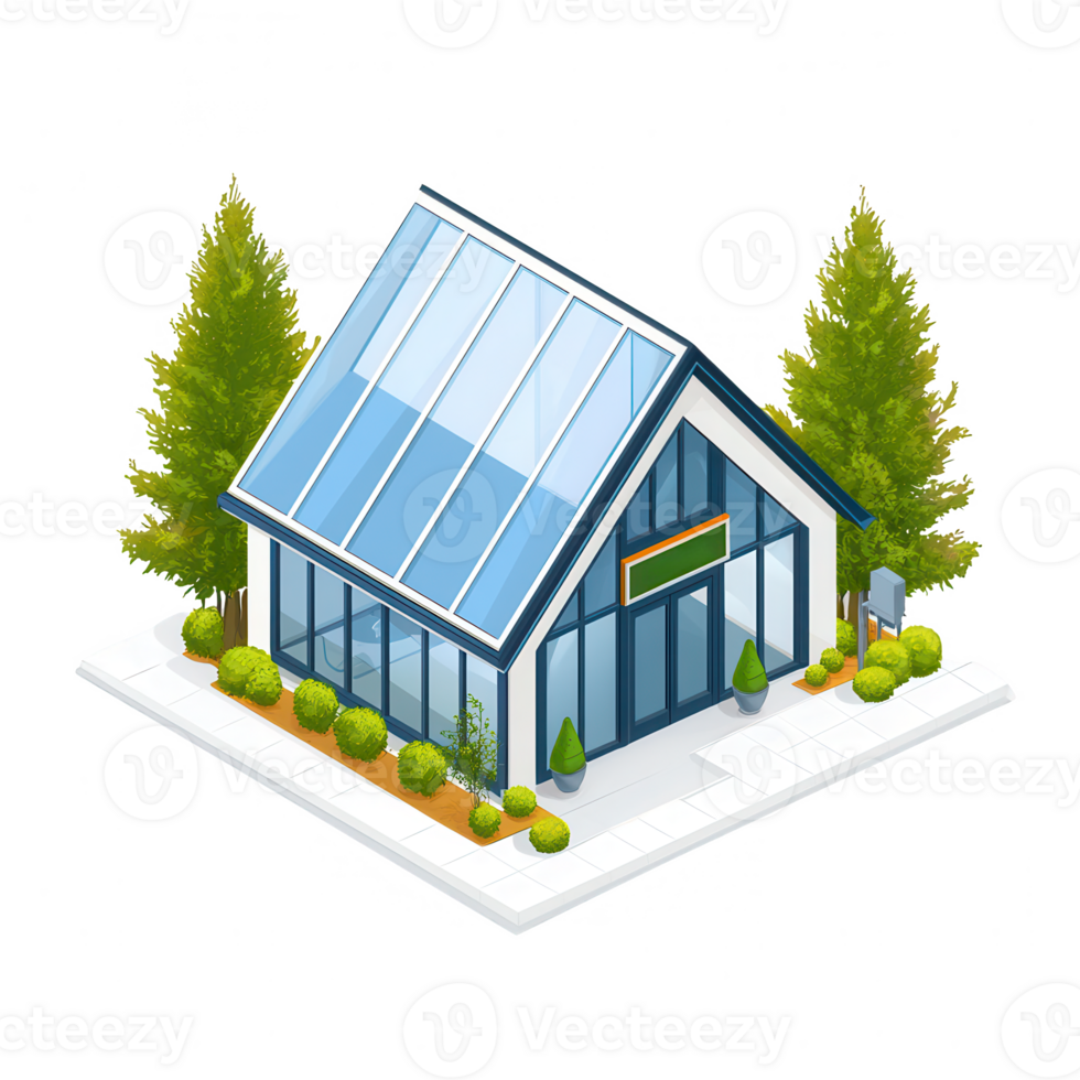 A modern, eco-friendly building with solar panels, surrounded by neatly trimmed bushes and trees. Ideal for showcasing sustainable architecture and innovative design. png
