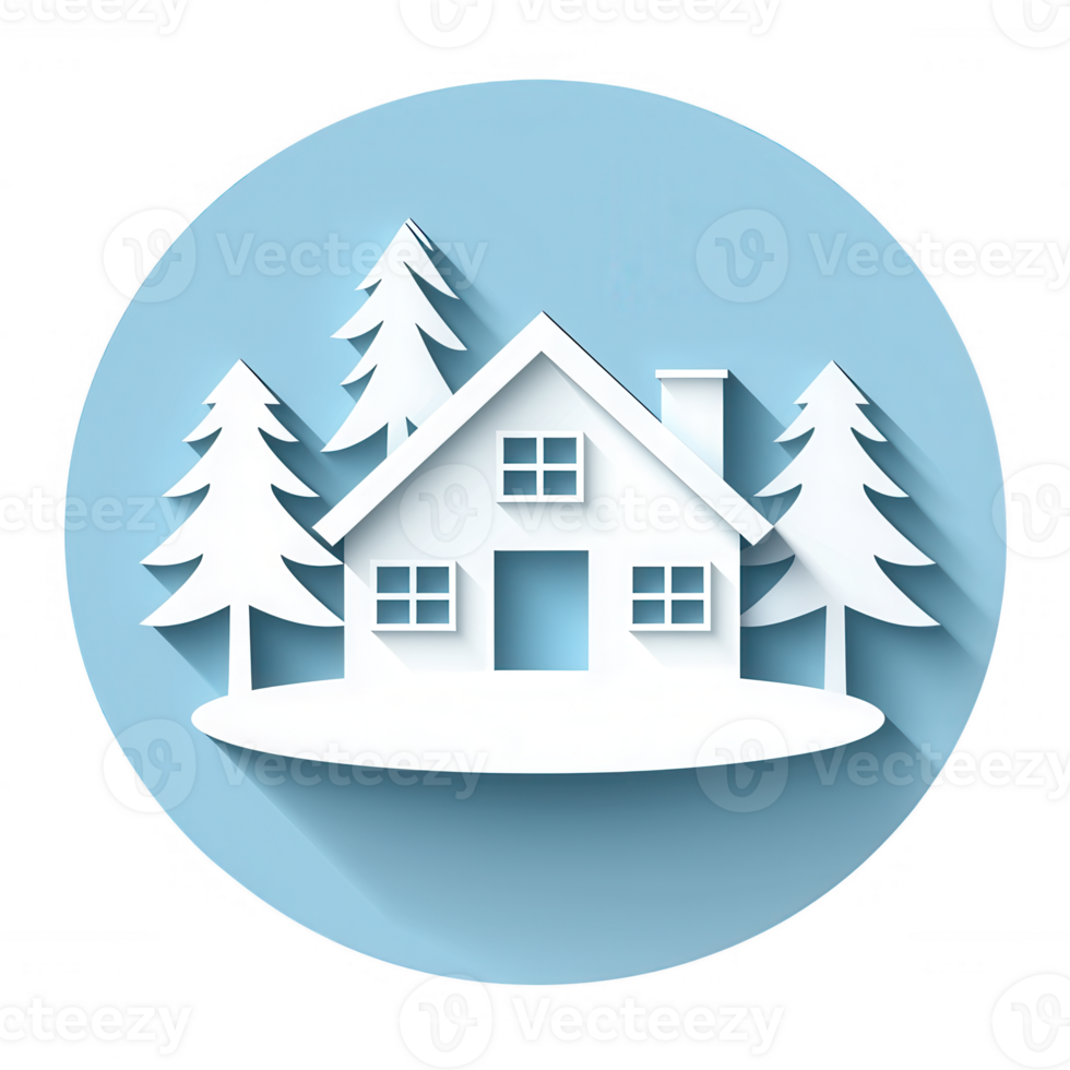 A minimalist paper-cut representation of a cozy house surrounded by trees on a light blue background, creating a serene and inviting atmosphere. png