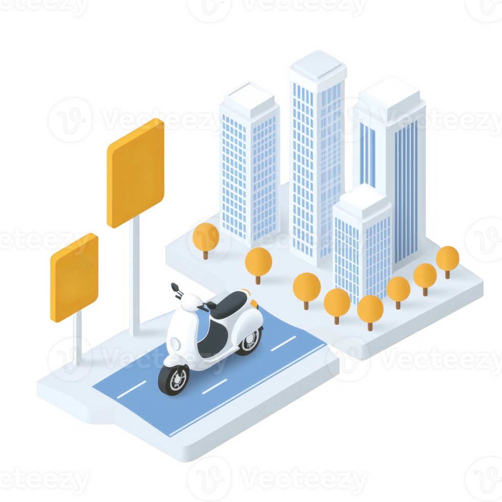 A modern urban scene featuring a scooter on a street with towering skyscrapers and trees, showcasing city life and mobility in a vibrant environment. png