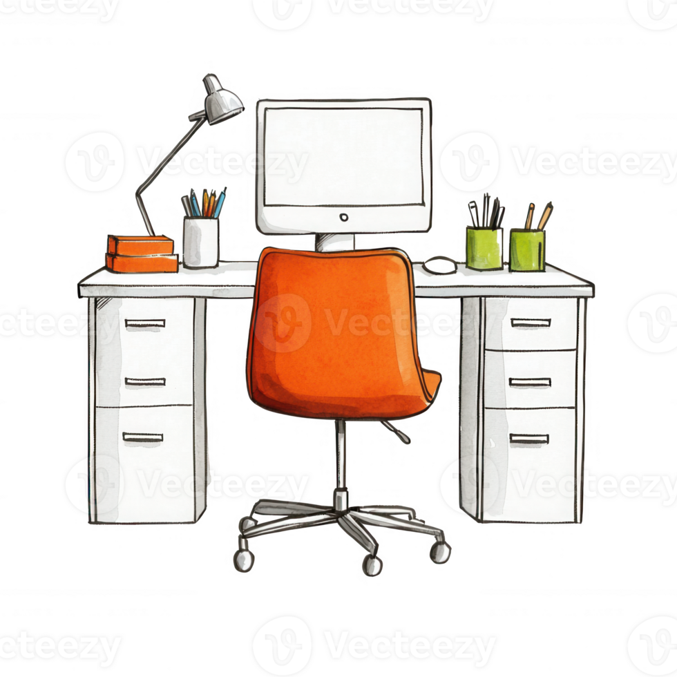 A modern desk setup featuring a computer, stylish orange chair, and organization supplies, perfect for home office inspiration. png