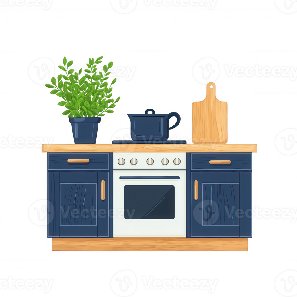 A modern kitchen setup featuring a navy blue cabinet, an oven, a cutting board, and a potted plant, creating a stylish and functional cooking space. png