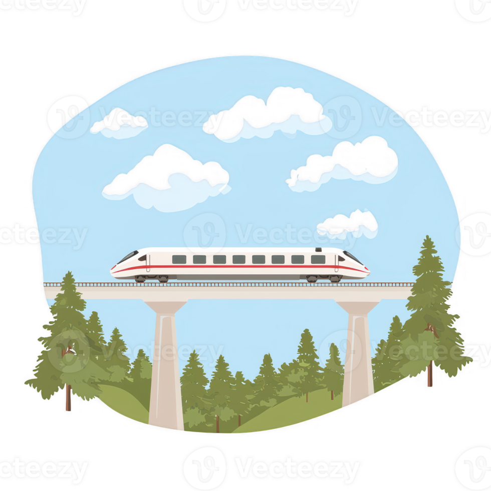 A modern train gliding over a bridge in a scenic landscape with lush trees and a bright blue sky, featuring fluffy clouds. Perfect for travel and technology themes. png