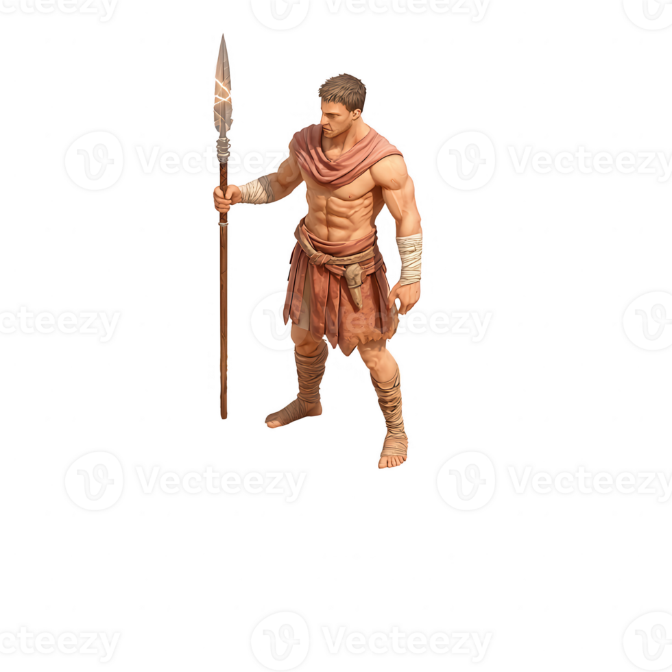 A muscular ancient warrior dressed in a tunic, holding a spear, stands confidently. Ideal for historical or mythical themes on a white isolated background. png