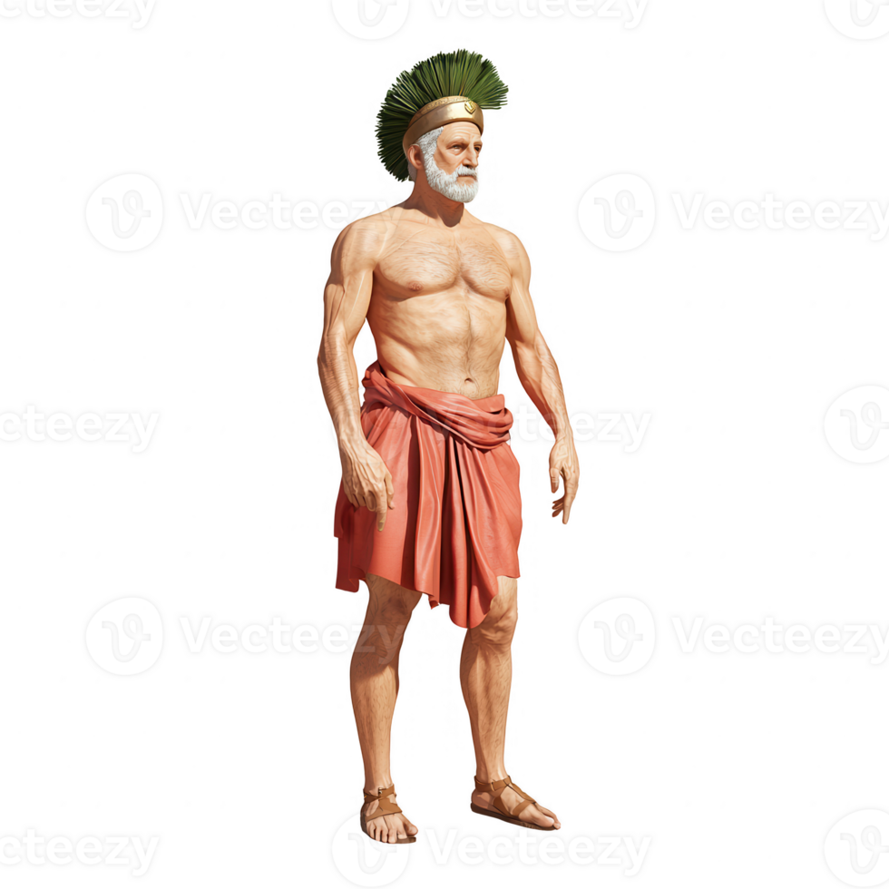 A muscular ancient Greek warrior stands confidently, dressed in traditional attire with decorative sandals and a flowing garment, complemented by a striking headpiece. png