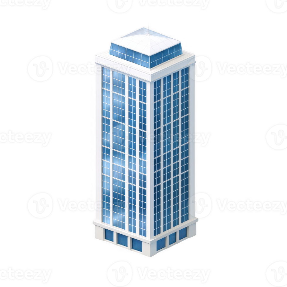 A modern skyscraper with a glass facade, showcasing contemporary architecture. The structure is tall and sleek, surrounded by a clear sky, ideal for urban landscape themes. png
