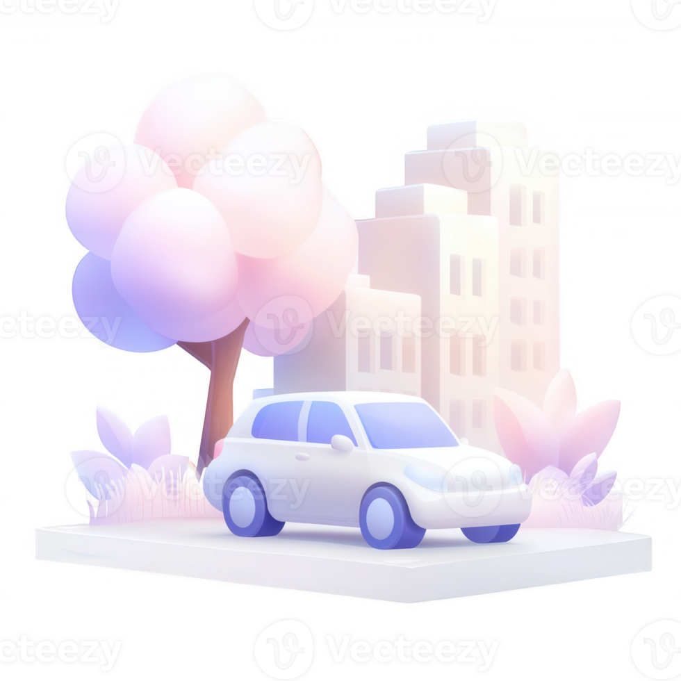 A modern white car parked near pastel-colored buildings and trees, creating a serene urban landscape. Ideal for conveying themes of mobility and city life. png
