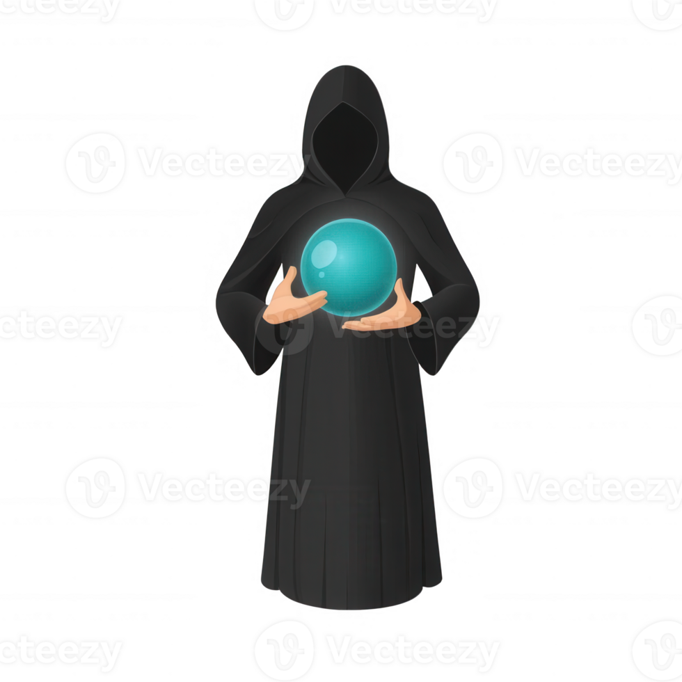 A mysterious figure in a black hooded robe holds a glowing crystal orb, symbolizing divination and the unknown. Ideal for themes of magic, spirituality, and the mystical arts. png