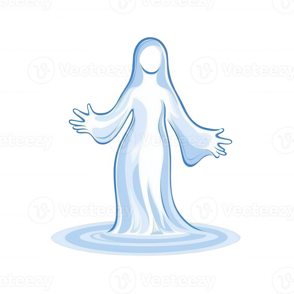 A mystical, ethereal ghost figure in flowing robes, emanating a soft blue glow, with arms extended. Set against a white background, it embodies otherworldly themes. png