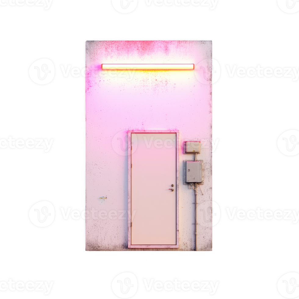 A modern, minimalist door set against a wall illuminated with pink neon lights, creating an intriguing and colorful contrast. png