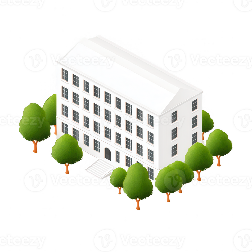 A modern white building surrounded by green trees, featuring multiple floors and large windows, ideal for architectural design and urban planning concepts. png