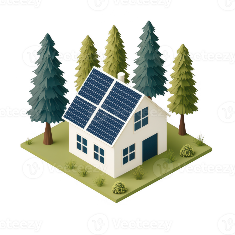 A modern house with solar panels surrounded by pine trees on a grassy area, showcasing energy efficiency and eco-friendly design. png