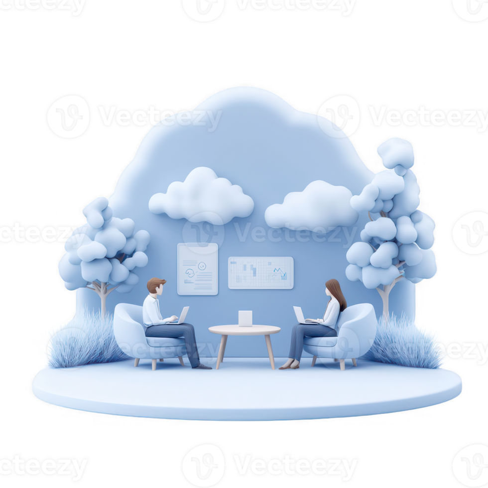A modern workspace featuring two individuals engaged in teamwork, surrounded by stylized trees and clouds, designed for a collaborative atmosphere. png