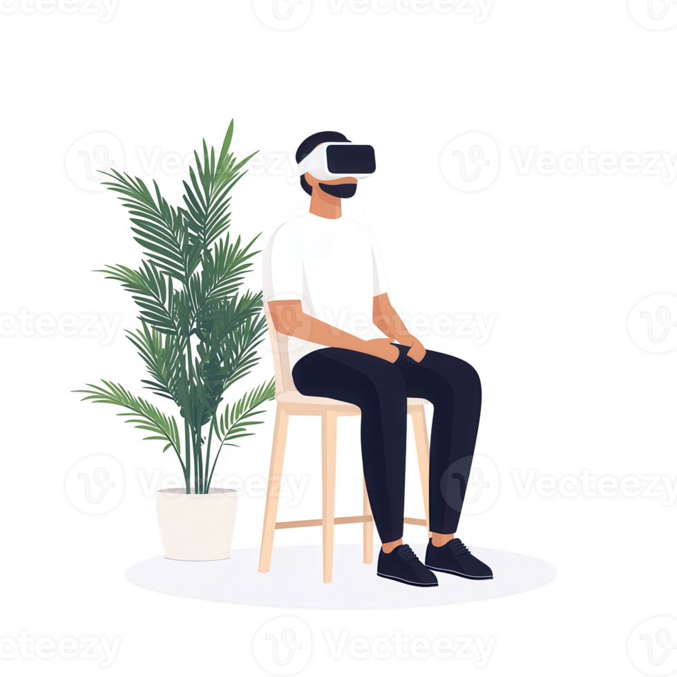 A person sitting on a chair, wearing a virtual reality headset, immersed in a modern digital environment, with a green plant in a pot in the background. png