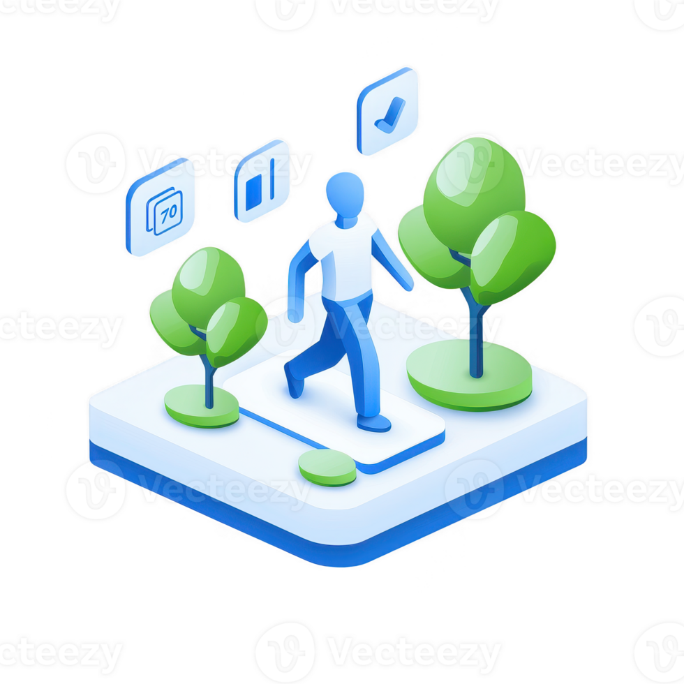 A person walking amidst digital icons representing fitness and health on a stylized platform, surrounded by vibrant green trees, illustrating an active lifestyle. png