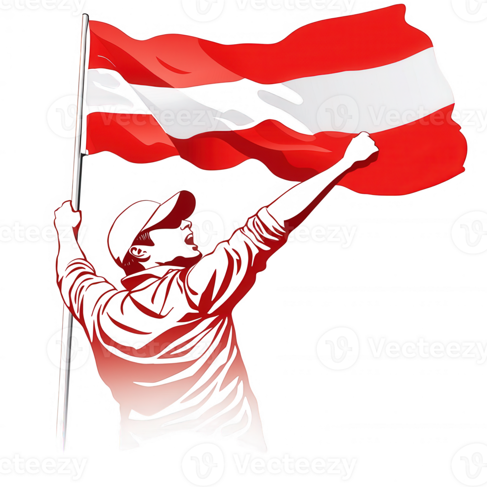 A person triumphantly waving the Austrian flag, symbolizing national pride and unity against a white background. png