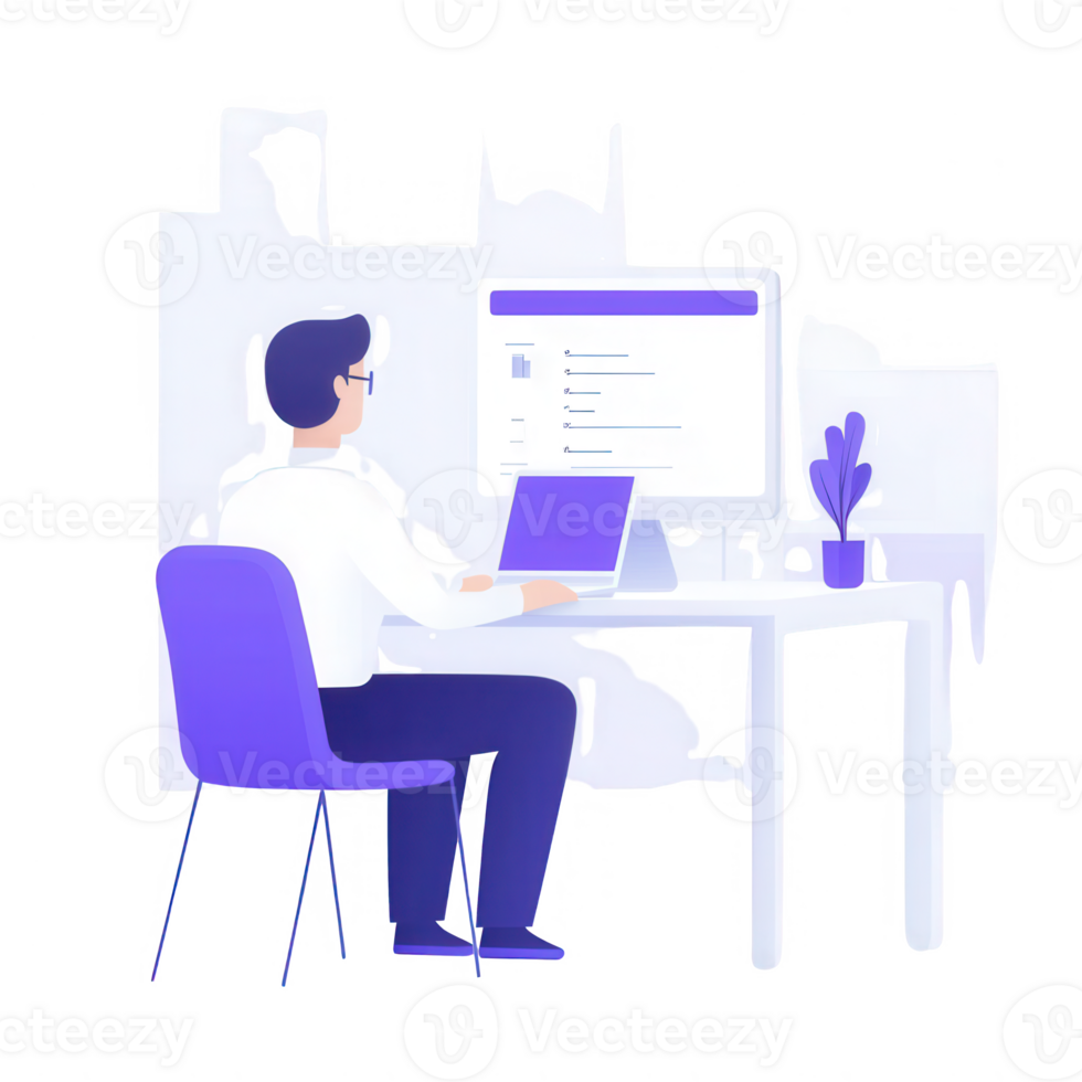 A person working at a desk with a computer, focusing on tasks. The setting portrays a modern office environment with a fresh, minimalist aesthetic. png