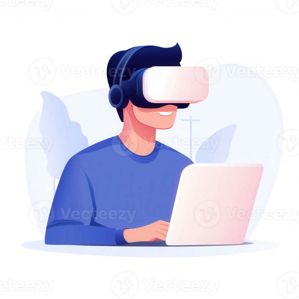 A person wearing a virtual reality headset while using a laptop, engaged in an immersive digital experience. The scene conveys the integration of technology and everyday life. png