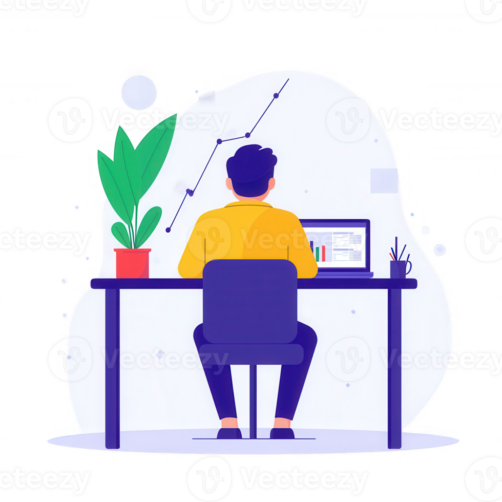 uma pessoa trabalhando às uma escrivaninha com uma computador portátil, analisando dados com gráficos, e cercado de plantas, fornecendo uma moderno área de trabalho atmosfera. png