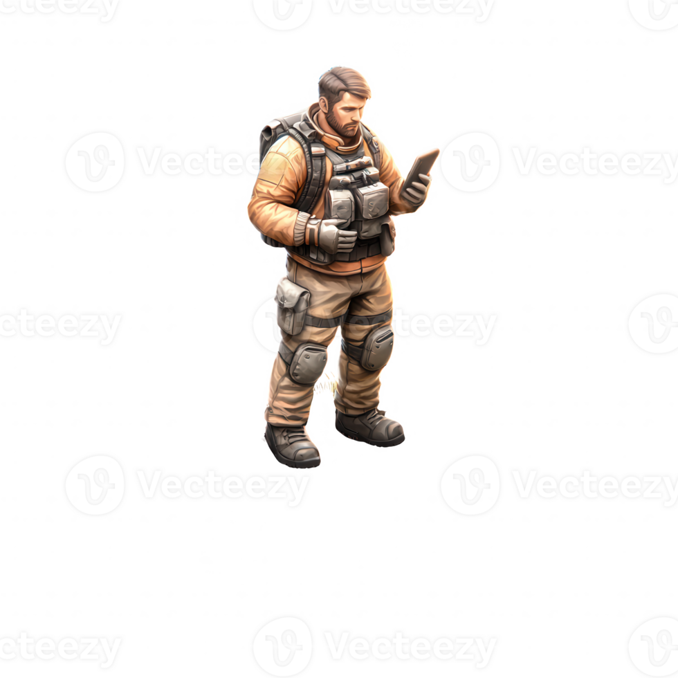 A rugged male figure in tactical gear examining a device, focused and alert. Ideal for themes of adventure, military, or technology in contemporary settings. png