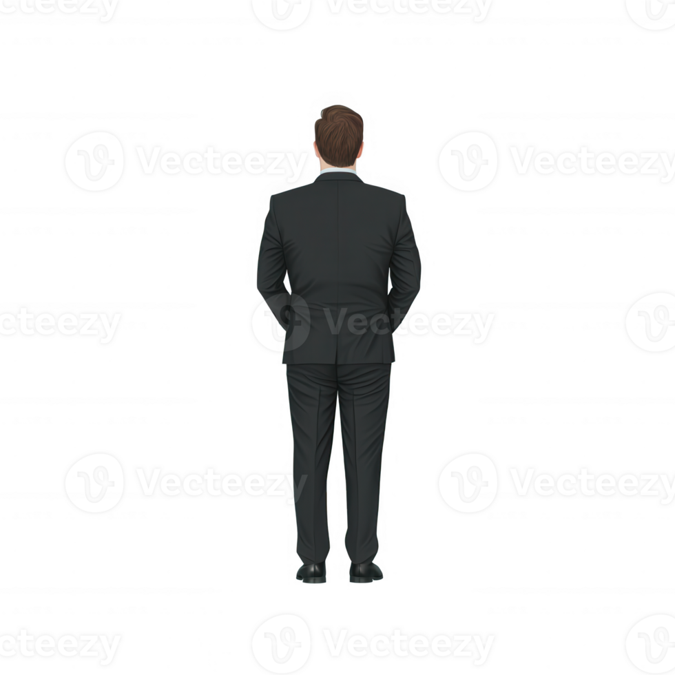 A professional man in a black suit standing with hands clasped behind his back, viewed from the back. Perfect for corporate themes, leadership, and business concepts. png