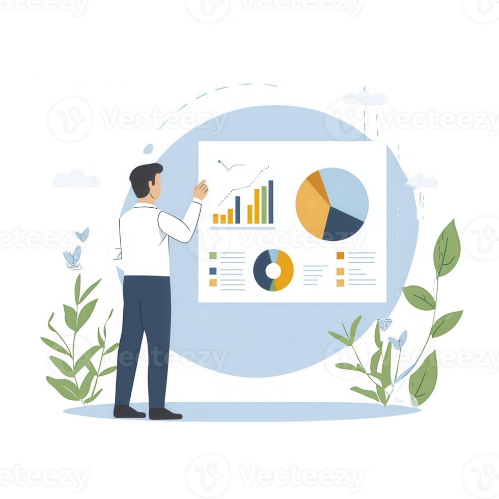 A professional man analyzes data on a presentation board surrounded by plants. The scene highlights the integration of nature and business insights in a modern workspace. png