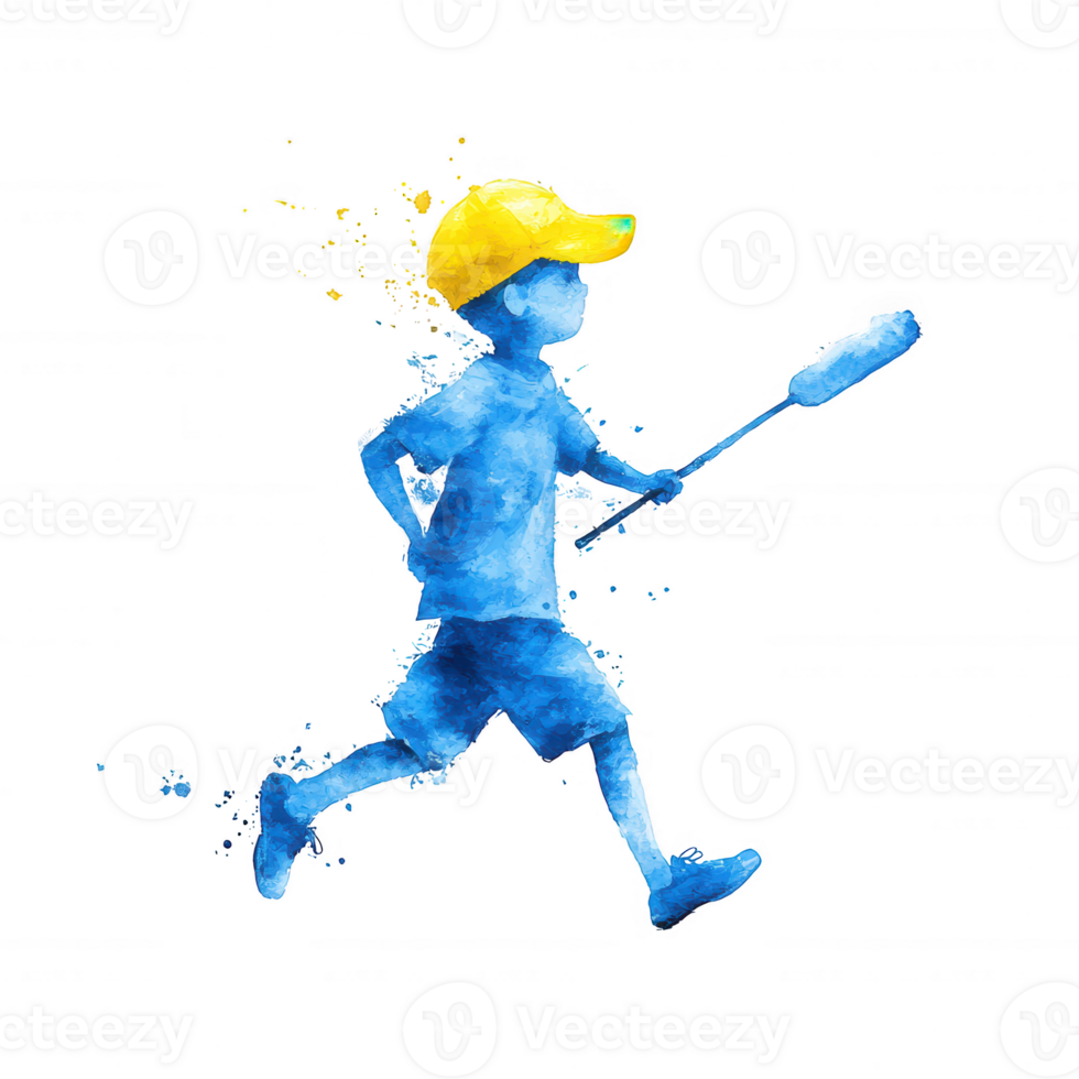 A playful watercolor illustration of a child running joyfully, wearing a bright yellow cap, capturing the essence of childhood fun and leisure activities. png