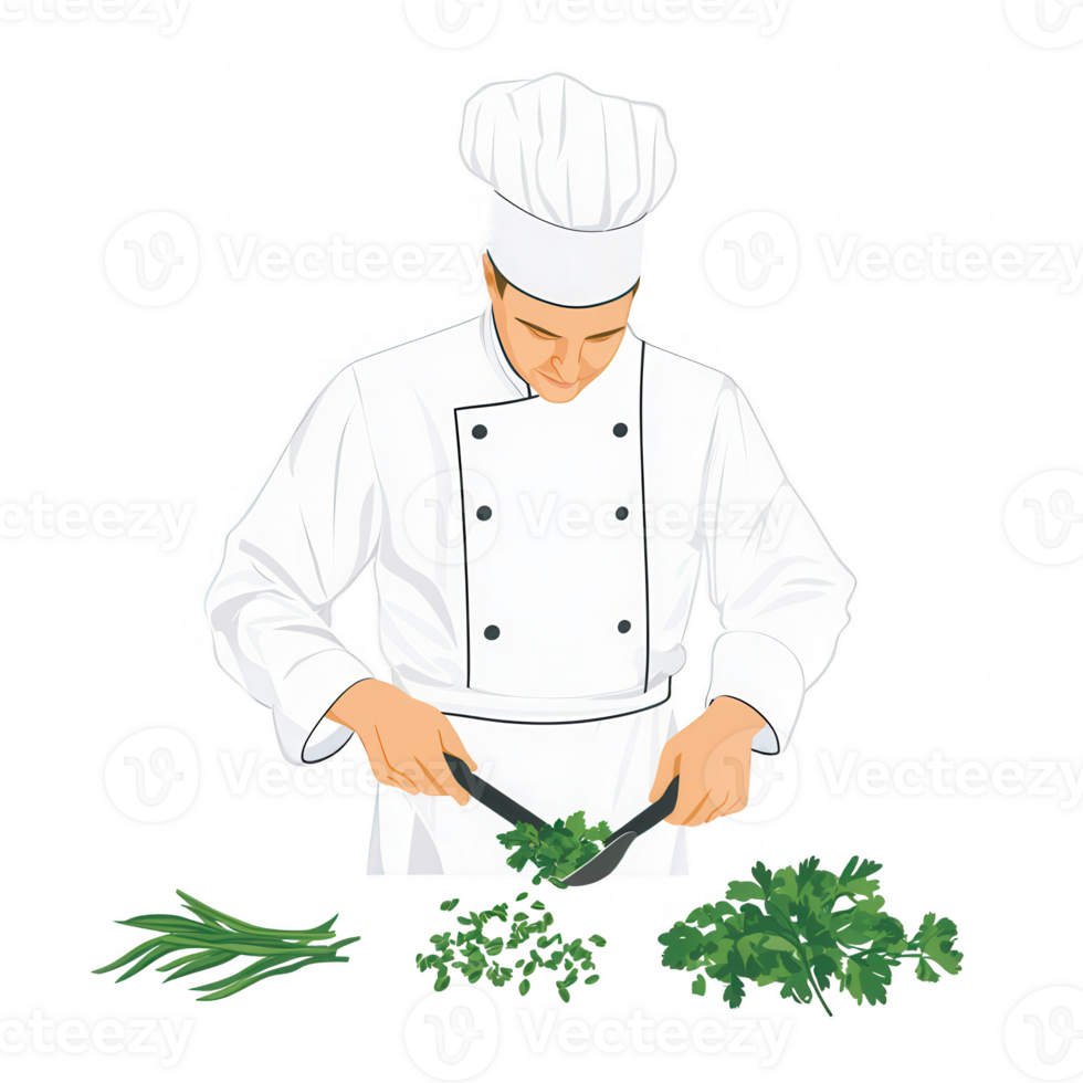 A professional chef skillfully chopping fresh herbs, showcasing culinary expertise. Perfect for food-related themes and cooking illustrations. png