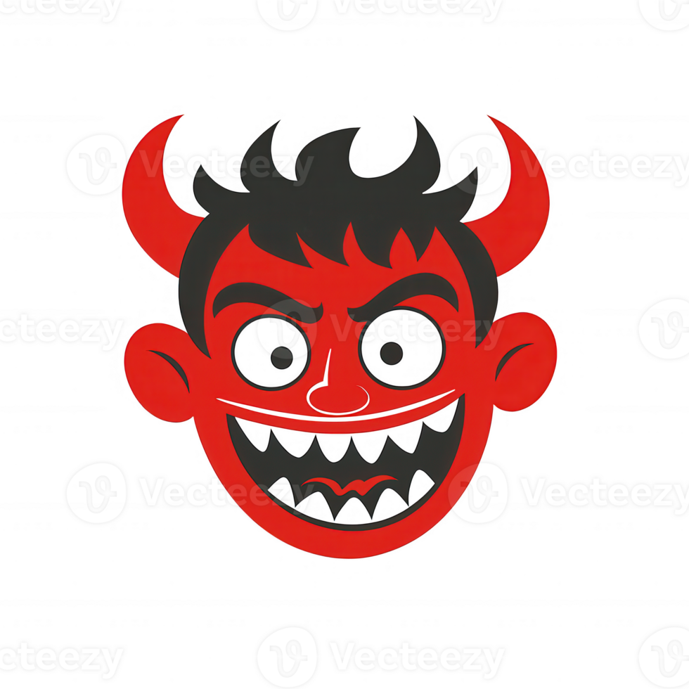 A playful red devil face with mischievous eyes and sharp teeth, perfect for Halloween-themed designs and illustrations, isolated on a white background. png