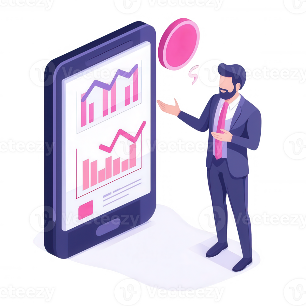 A professional man presenting data on a smartphone screen with financial graphs, ideal for illustrating modern technology and analytics in business contexts. png