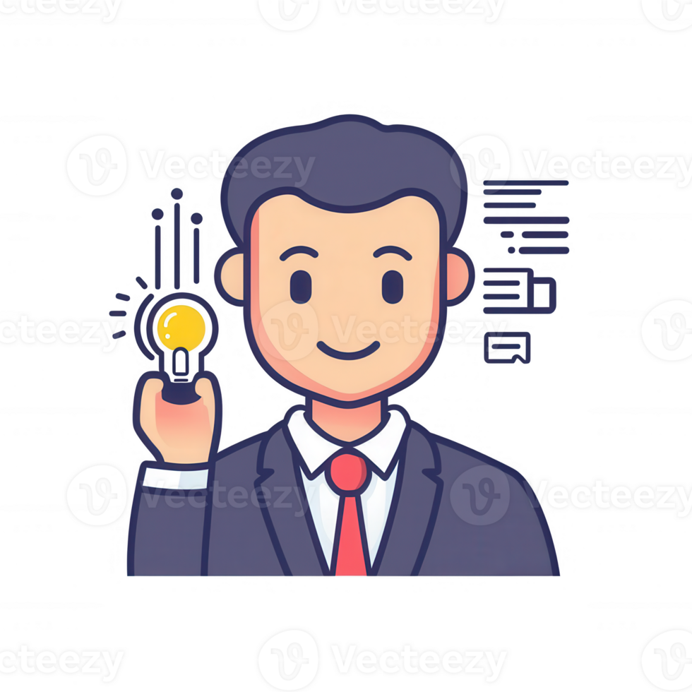 A professional man in a suit, holding a glowing light bulb, representing ideas and innovation, with a modern design and vibrant colors, suitable for business and entrepreneurship t png