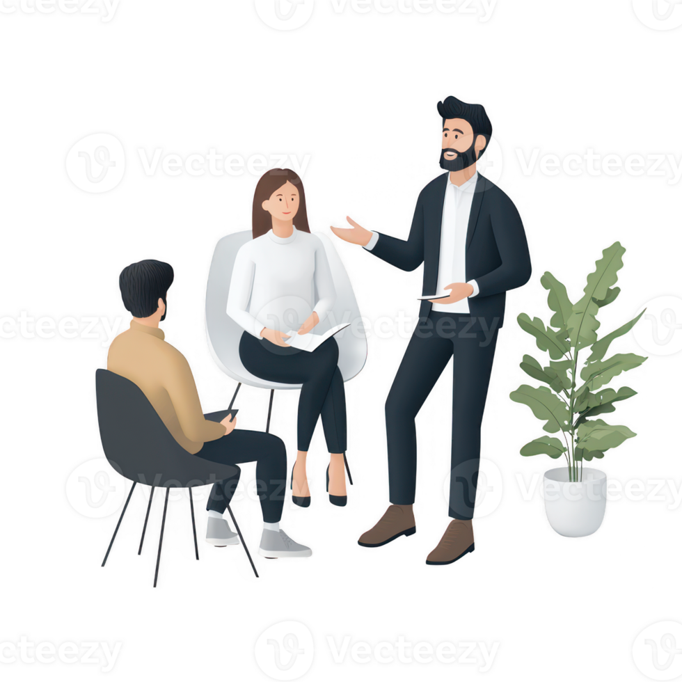 A professional group discussion featuring two people listening attentively to a speaker in a modern office setting, enhancing collaborative communication. png