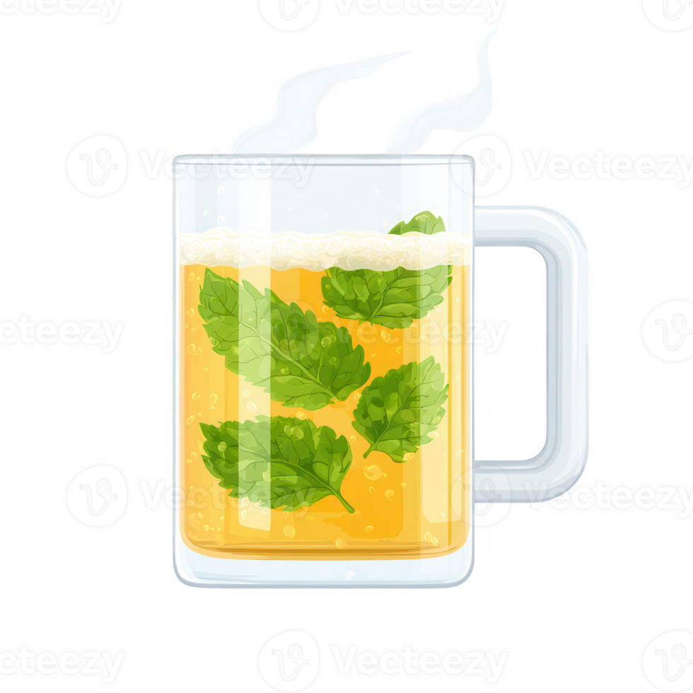 A refreshing mug of beer infused with fresh mint leaves, exuding a warm steam. Perfect for summer gatherings or cozy evenings, featuring a transparent glass design. png