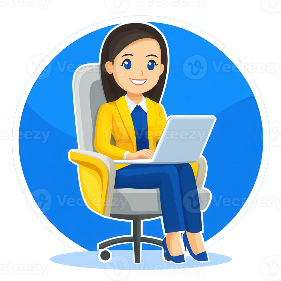 A professional female character sitting at a desk with a laptop, wearing a yellow blazer, cheerful and focused while working in a modern office environment. png