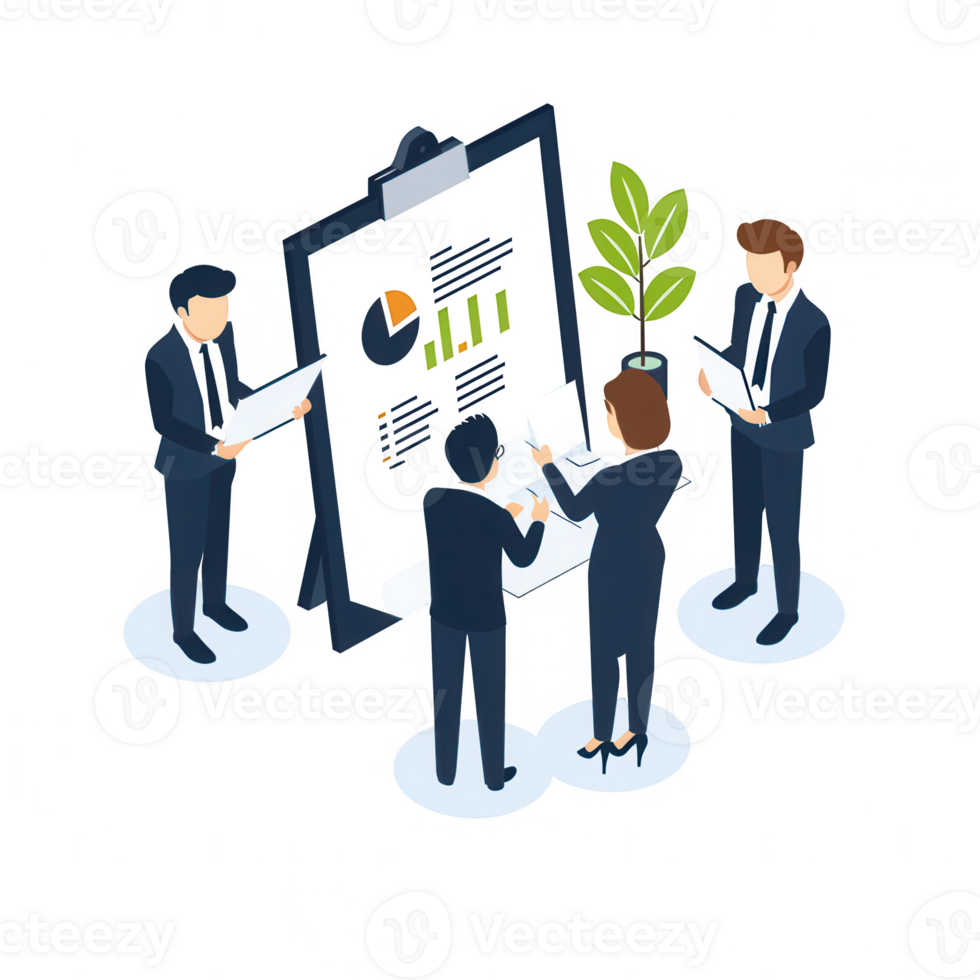 A professional team discussing data insights around a presentation board featuring graphs and charts, fostering collaboration and strategic planning in a modern office environment. png