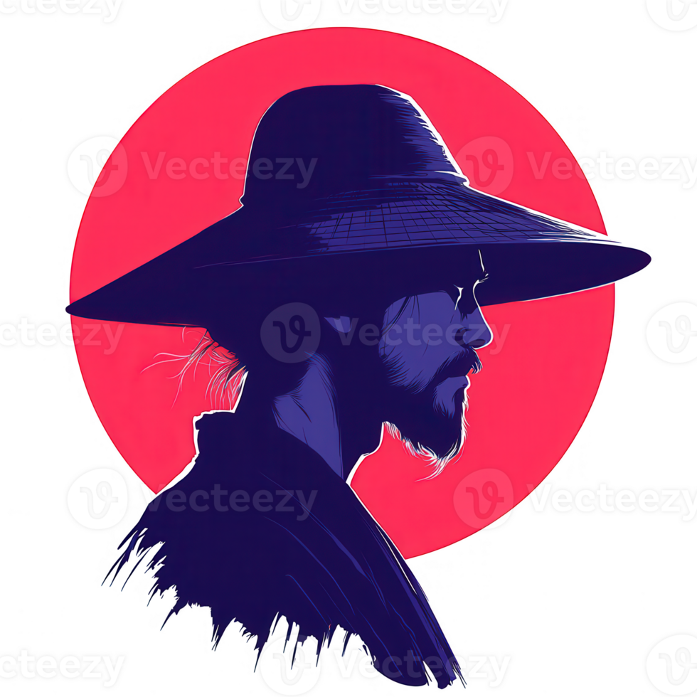 A profile of a person in traditional attire, wearing a wide-brimmed hat against a bold red circular background, evoking a sense of heritage and identity. png