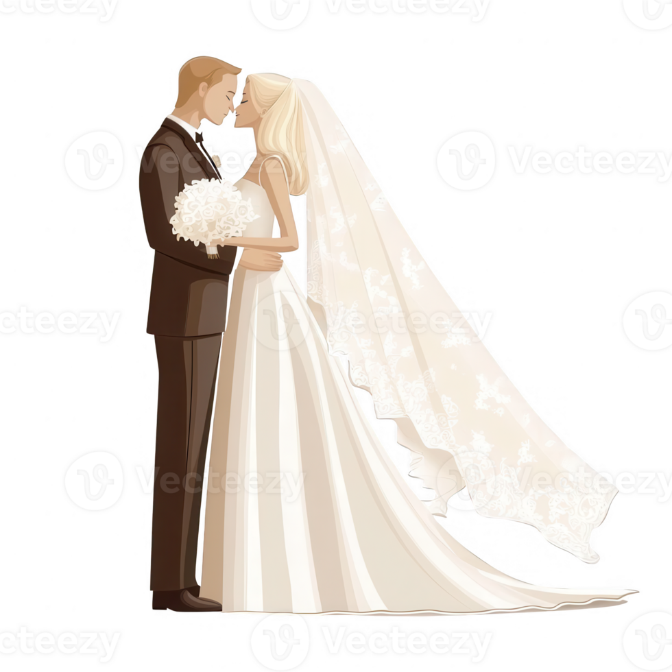 A romantic illustration of a bride and groom sharing a tender kiss, adorned in wedding attire with a bouquet and veil, set against a clean, isolated background. png