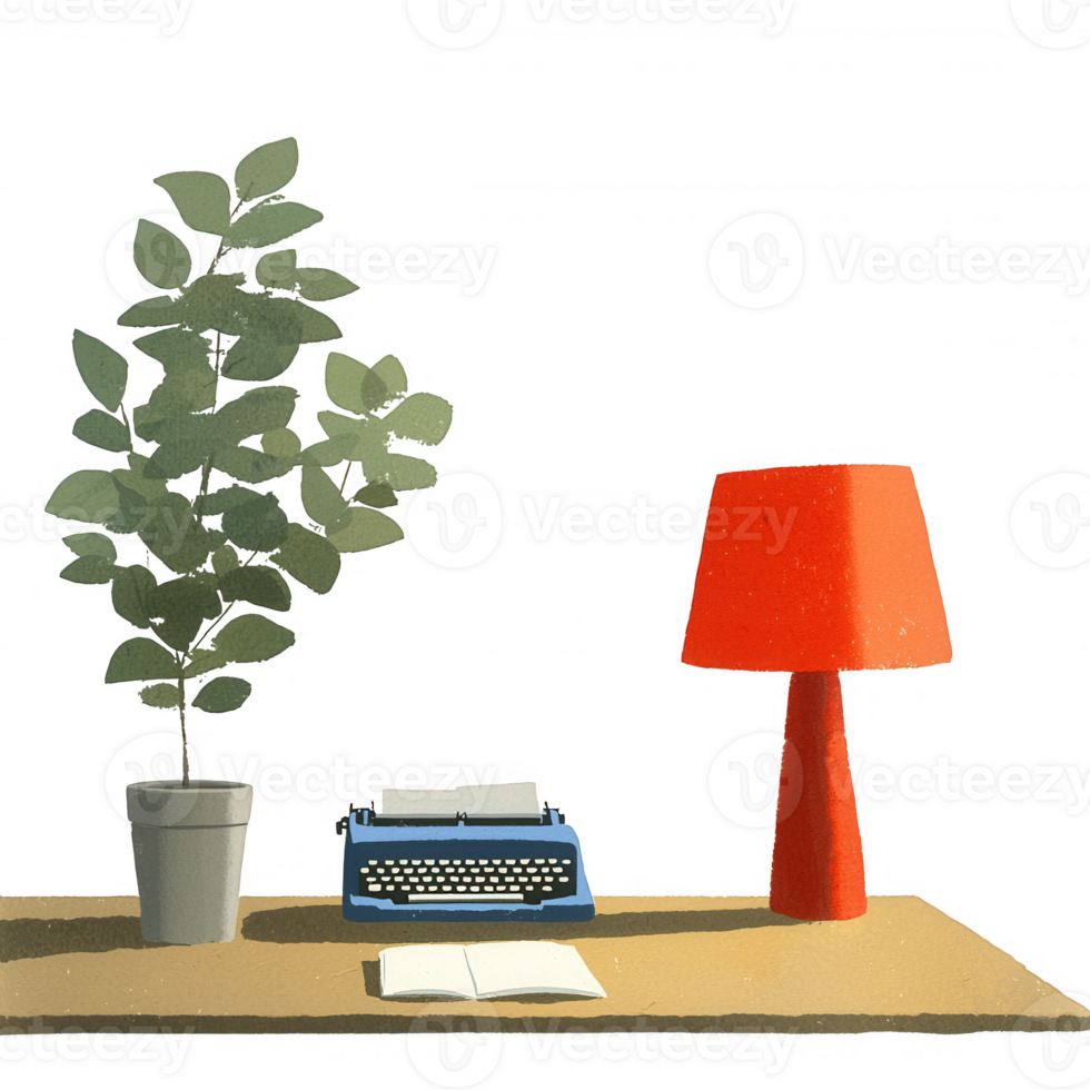 A retro workspace featuring a blue typewriter, orange lamp, and a potted plant, all set against a minimalistic background for a creative and inspiring atmosphere. png