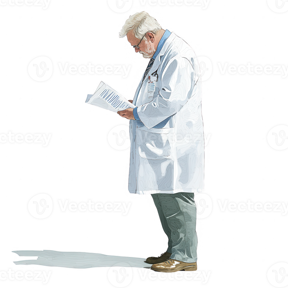 A senior doctor in a white coat reading medical documents, standing against a white isolated background. png