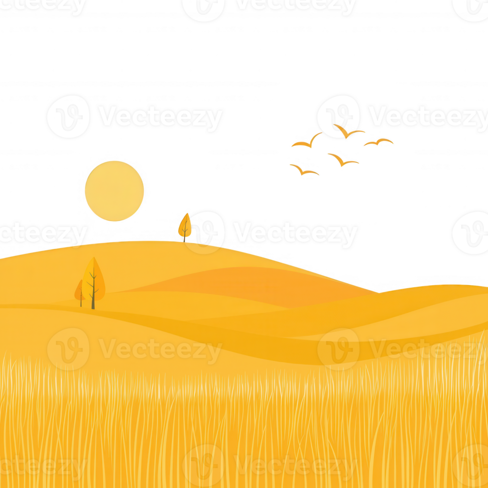 A scenic view of rolling hills with golden fields under a bright sun, complemented by flying birds in a clear sky. A peaceful representation of nature's beauty. png