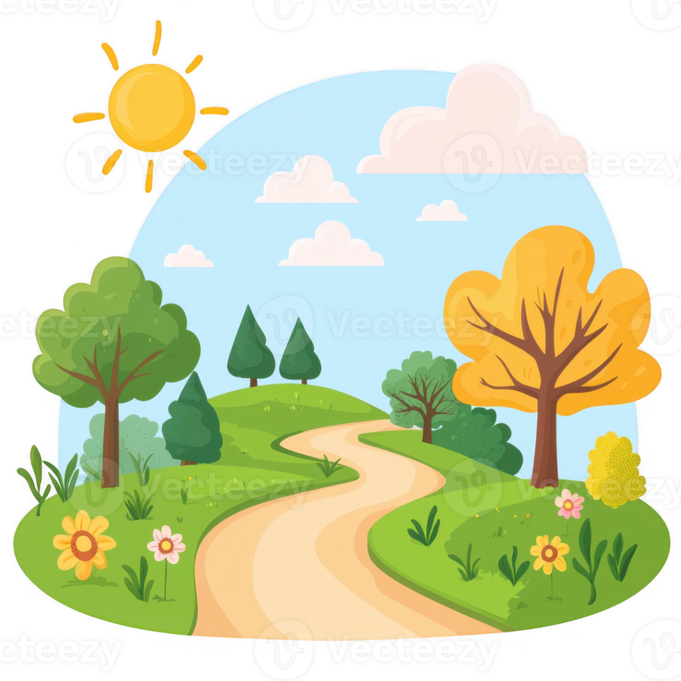 A scenic illustration of a winding path through lush greenery, vibrant trees, and colorful flowers, under a sunny sky, creating a peaceful natural atmosphere. png
