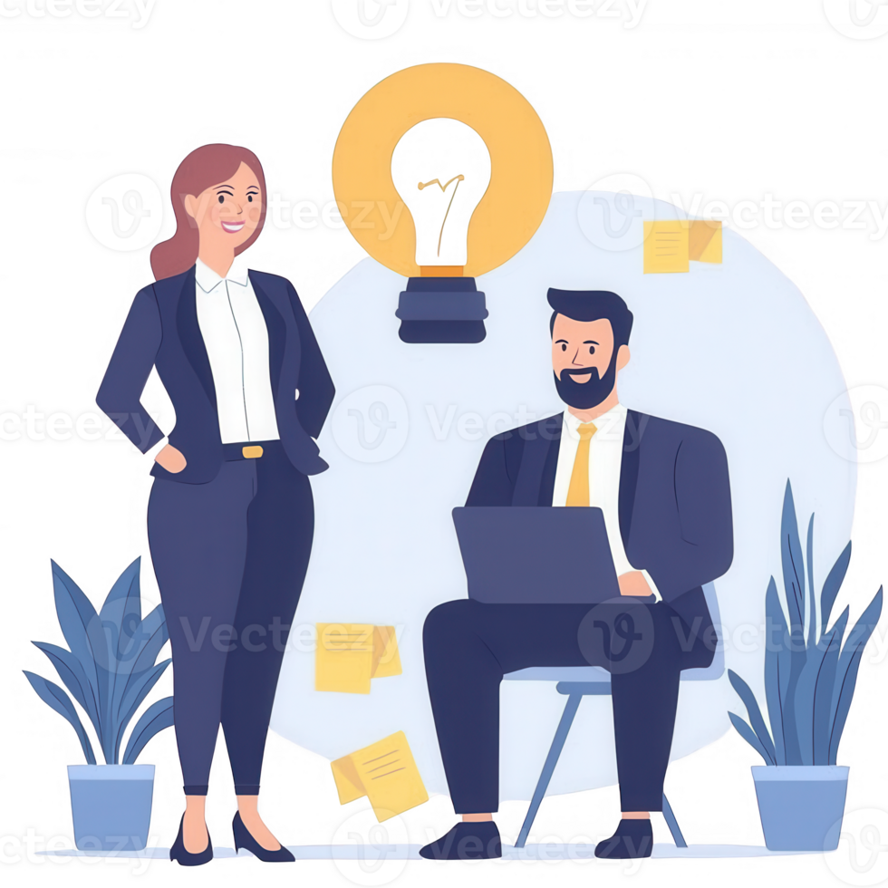 A professional setting featuring a man working on a laptop and a woman standing beside him, both engaged in a creative discussion, surrounded by plants. png