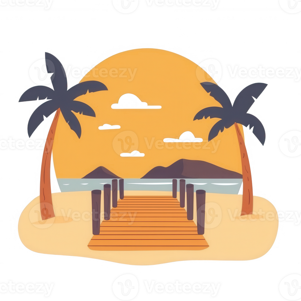 A serene beach scene featuring palm trees framed by a vibrant sunset over calm waters, leading to a wooden walkway inviting leisure and relaxation. png