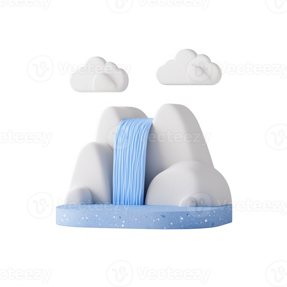 A serene landscape featuring a waterfall cascading between two stylized mountains under fluffy clouds, with a tranquil blue base, perfect for nature-themed designs. png